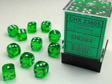Chessex 23805 Translucent Green/White 12mm D6 Dice Block (36 Dice)