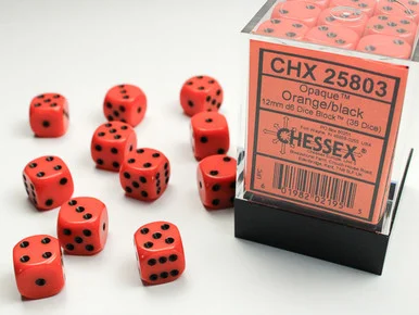 Chessex 25803 Opaque Orange/White 12mm D6 Dice Block (36 Dice)