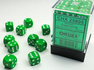 Chessex 25805 Opaque Green/White 12mm D6 Dice Block (36 Dice)