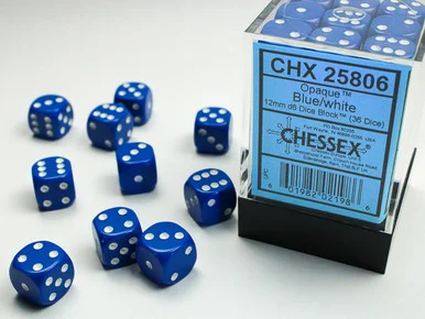 Chessex 25806 Opaque Blue/White 12mm D6 Dice Block (36 Dice)