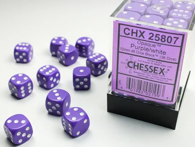 Chessex 25807 Opaque Purple/White 12mm D6 Dice Block (36 Dice)