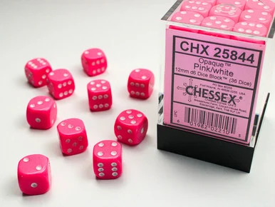Chessex 25844 Opaque Pink/White 12mm D6 Dice Block (36 Dice)