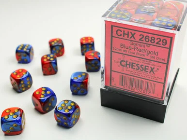 Chessex 26829 Gemini Blue-Red/gold 12mm d6 Dice Block (36 dice)