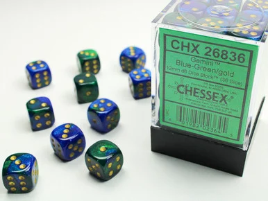 Chessex 26836 Gemini Blue-Green/gold 12mm d6 Dice Block (36 dice)