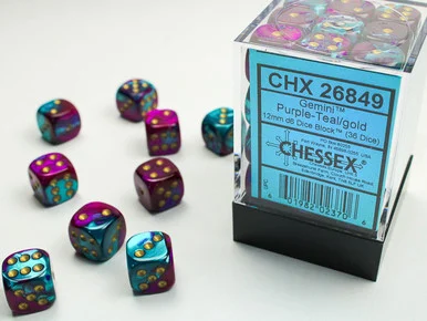 Chessex 26849 Gemini Purple-Teal/gold 12mm d6 Dice Block (36 dice)