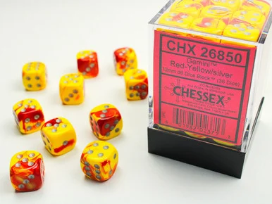 Chessex 26850 Gemini Red-Yellow/silver 12mm d6 Dice Block (36 dice)