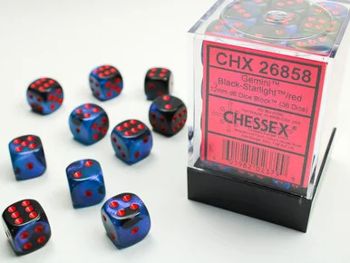 Chessex 26858 Gemini Black-Starlight/red 12mm d6 Dice Block (36 dice)