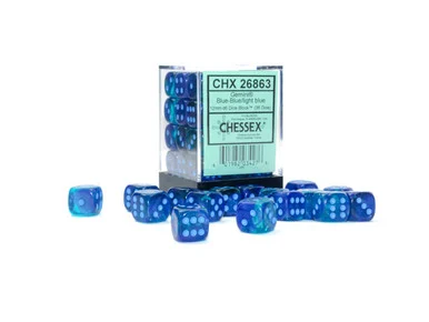 Chessex 26863 Gemini Blue-Blue/light blue Luminary 12mm d6 Dice Block (36 dice)