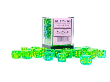 Chessex 26866 Gemini Translucent Green-Teal/yellow 12mm d6 Dice Block (36 dice)