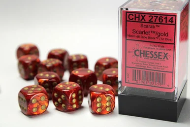 Chessex 27614 Scarab Scarlet/gold 16mm d6 Dice Block (12 dice)
