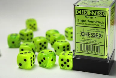 Chessex 27630 Vortex Bright Green/black 16mm d6 Dice Block (12 dice)