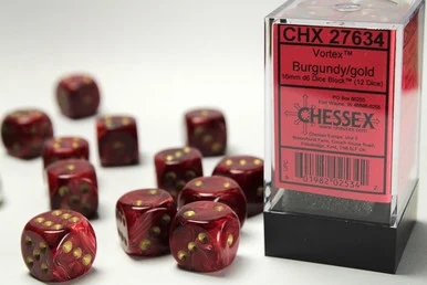 Chessex 27634 Vortex Burgundy/gold 16mm d6 Dice Block (12 dice)