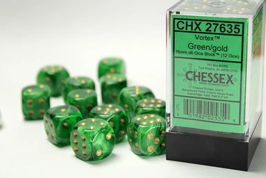 Chessex 27635 Vortex Green/gold 16mm d6 Dice Block (12 dice)
