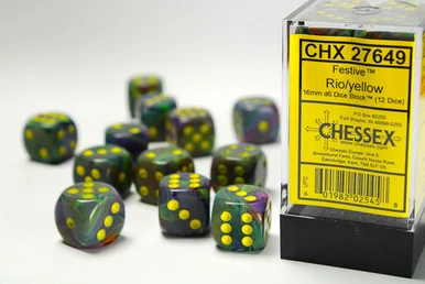 Chessex 27649 Festive Rio/Yellow 16mm D6 Dice Block (12)