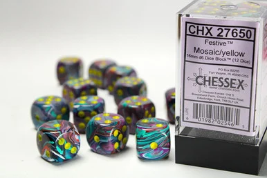 Chessex 27650 Festive Mosaic/Yellow 16mm D6 Dice Block (12)