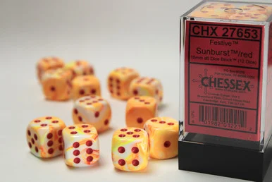 Chessex 27653 Festive Sunburst/Red 16mm D6 Dice Block (12)