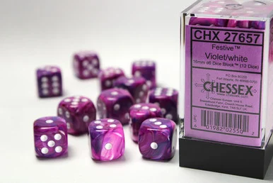 Chessex 27657 Festive Violet/White 16mm D6 Dice Block (12)