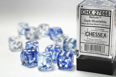 Chessex 27666 Nebula Dark Blue/White 16mm D6 Dice Block (12)