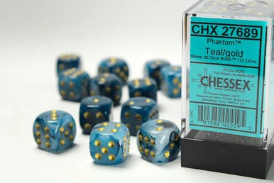 Chessex 27689 Phantom Teal/Gold 16mm D6 Dick Block (12)