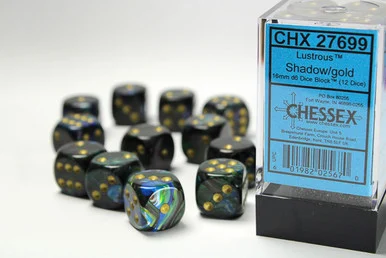 Chessex 27699 Lustrous Shadow/gold 16mm d6 Dice Block (12 dice)