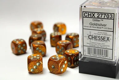 Chessex 27703 Glitter Gold/Silver 16mm D6 Dice Block (12 Dice)