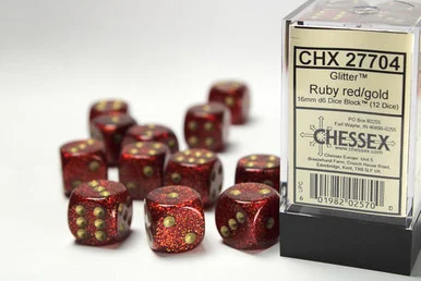 Chessex 27704 Glitter Ruby/gold 16mm d6 Dice Block (12 dice)