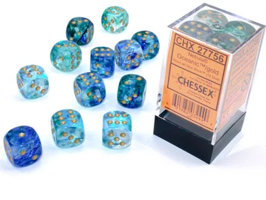 Chessex 27756 Nebula Oceanic/Gold Luminary 16mm D6 Dice Block (12 Dice)