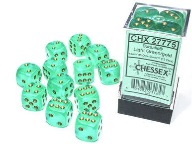 Chessex 27775 Borealis Light Green/gold Luminary 16mm d6 Dice Block (12 dice)