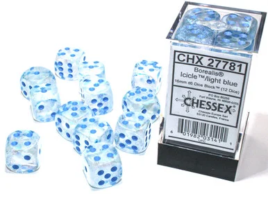 Chessex 27781 Borealis Icicle/light blue Luminary 16mm d6 Dice Block (12 dice)