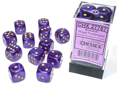 Chessex 27787 Borealis Royal Purple/gold Luminary 16mm d6 Dice Block (12 dice)
