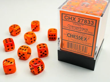 Chessex 27833 Vortex Orange/black 12mm d6 Dice Block (36 dice)