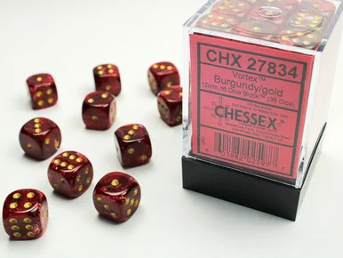 Chessex 27834 Vortex Burgundy/gold 12mm d6 Dice Block (36 dice)