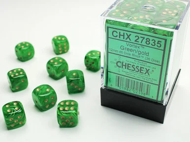 Chessex 27835 Vortex Green/gold 12mm d6 Dice Block (36 dice)