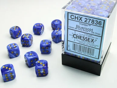 Chessex 27836 Vortex Blue/gold 12mm d6 Dice Block (36 dice)