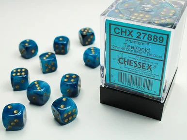 Chessex 27889 Phantom Teal/gold 12mm d6 Dice Block (36 dice)