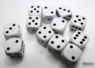 Chessex 25601 Opaque White/Black 16mm D6 Dice Block (12 Dice)