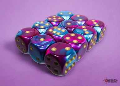 Chessex 26649 Gemini Purple-Teal/gold 16mm d6 Dice Block (12 dice)