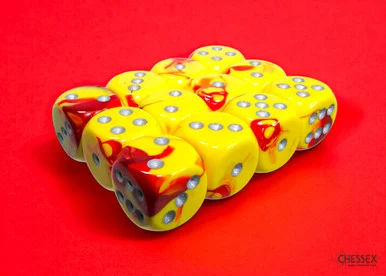 Chessex 26650 Gemini Red-Yellow/silver 16mm d6 Dice Block (12 dice)