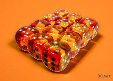 Chessex 26668 Gemini Translucent Red-Yellow Gold 16mm D6 Dice Block (12)