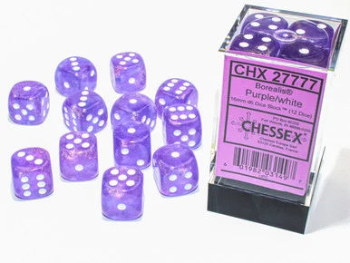 Chessex 27777 Borealis Purple/White Luminary 16mm D6 Dice Block (12)
