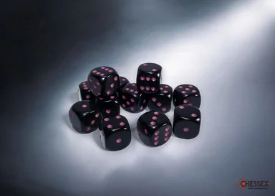 25648 - Opaque Black/pink 16mm d6 Dice Block (12 dice)