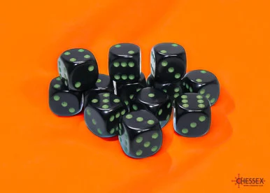 25658 - Opaque Black/green 16mm d6 Dice Block (12 dice)