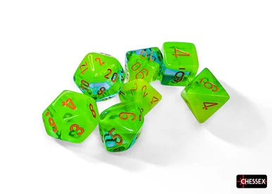 Chessex 26740 Gemini Plasma Green-Teal/Orange Luminary Polyhedral 7 Dice Set