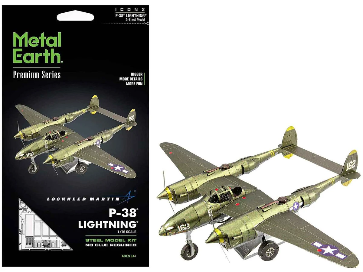 1-ICX143_1200x900.webp Model Kit Lockheed Martin P-38 Lightning Fighter Aircraft "#162" United States Army Air Forces (Challenging Difficulty) Model by Metal Earth