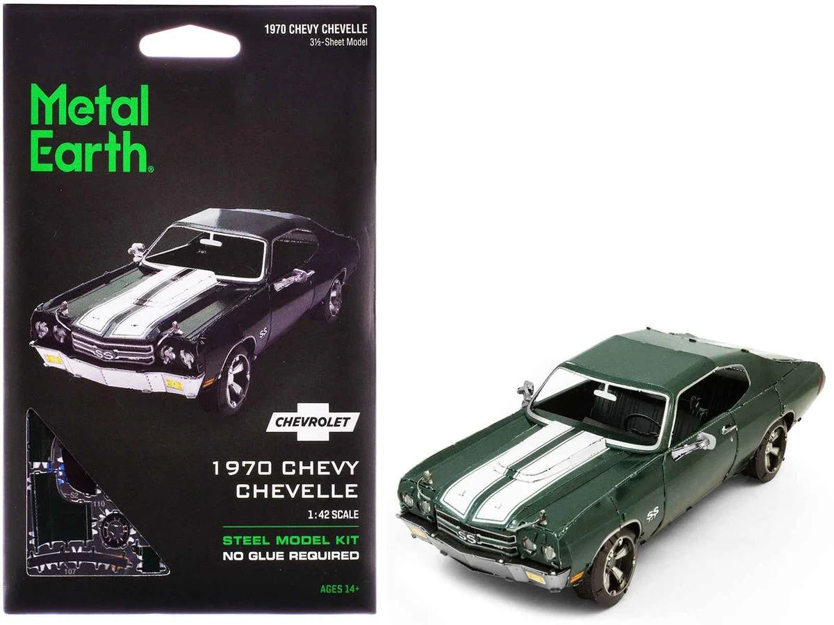 1-ME1026_1200x900.webp Model Kit 1970 Chevrolet Chevelle SS Green with White Stripes (Challenging Difficulty) Steel Model by Metal Earth