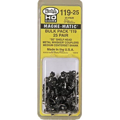 Kadee Coupler #119-25 HO Scale Bulk Pack 25 Pair SE Shelf Whisker Metal Couplers with Gearboxes - Medium 9/32" Centerset Shank