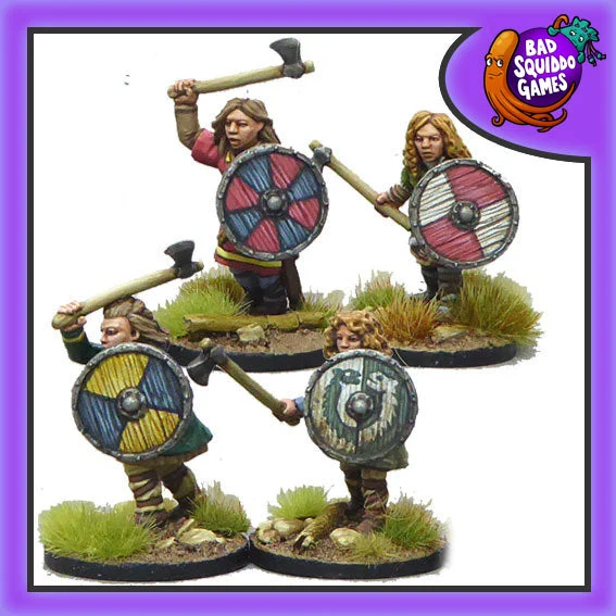 Shieldmaiden Warriors with Axes, 28 mm Scale Model Metal Figures - Bad Squiddo Games