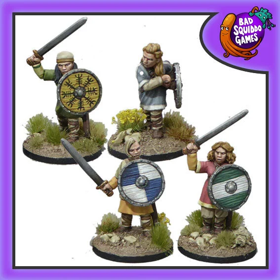 Shieldmaiden Warriors with Swords 28 mm Scale Model Metal Figures - Bad Squiddo Games