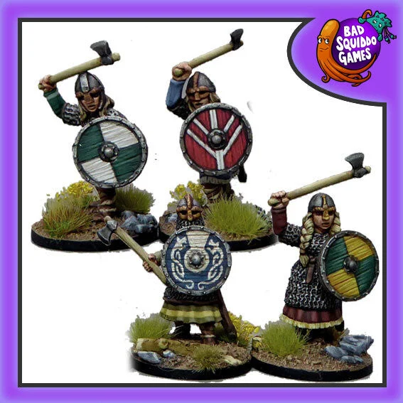 Shieldmaiden Hearthguard with Axes, 28 mm Scale Model Metal Figures - Bad Squiddo Games
