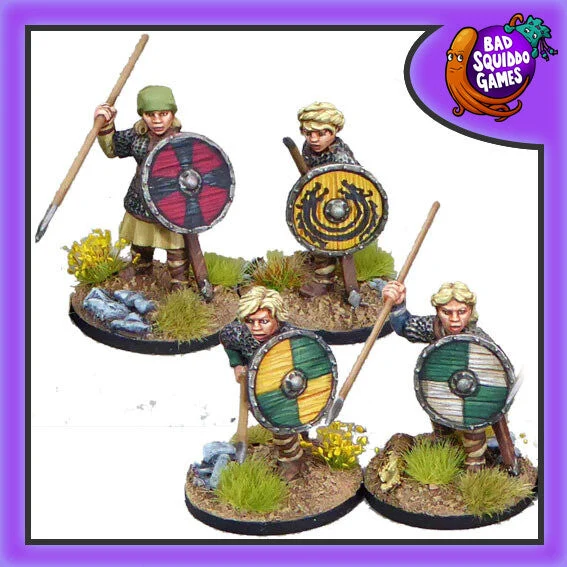 Shieldmaiden Hearthguard with Spears 28 mm Scale Model Metal Figures - Bad Squiddo Games